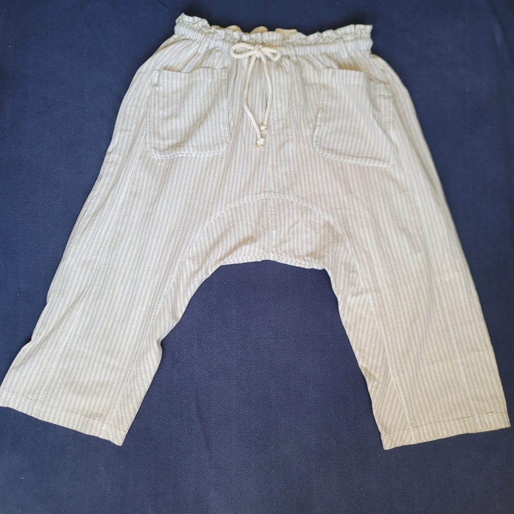 Free People beige with blue pinstripe Drawstring Cropped Wide Leg Pants - Picture 4 of 16